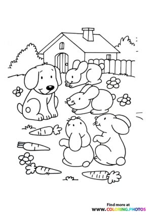 Dog with rabbits coloring page