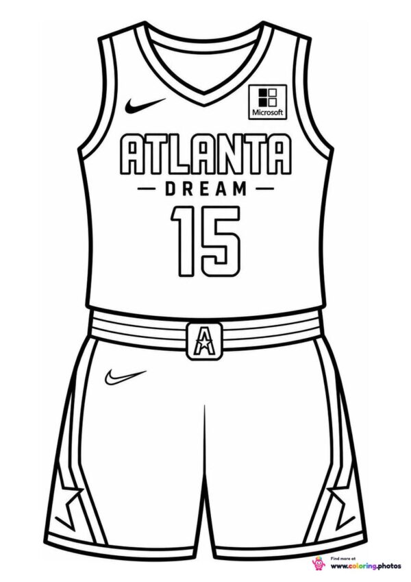 Atlanta Dream basketball jersey coloring page showing the top and shorts with number 15