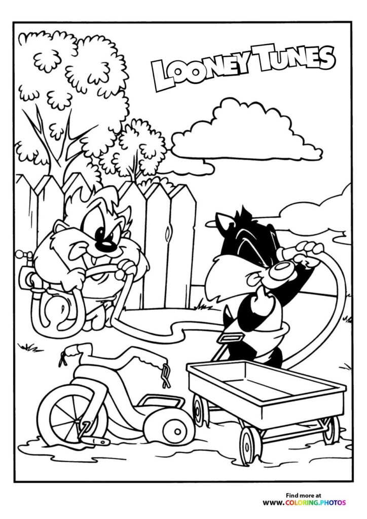 Daffy Duck and Porky Pig with tricycle and vegetable wagon in garden coloring page from Looney Tunes