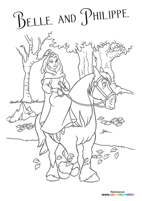 Princess Belle and Philippe in the woods coloring page