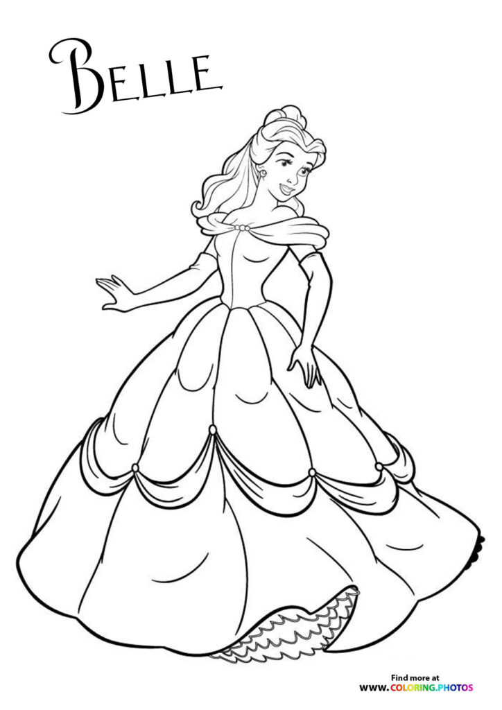 Belle wearing her golden ball gown with petal-shaped skirt and holding her arm out, coloring page from Beauty and the Beast