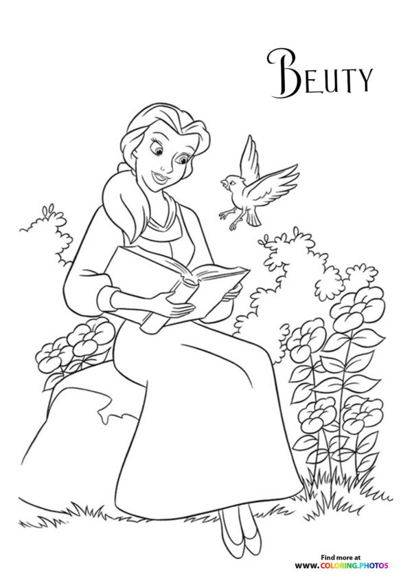 Princess Belle reading a book coloring page