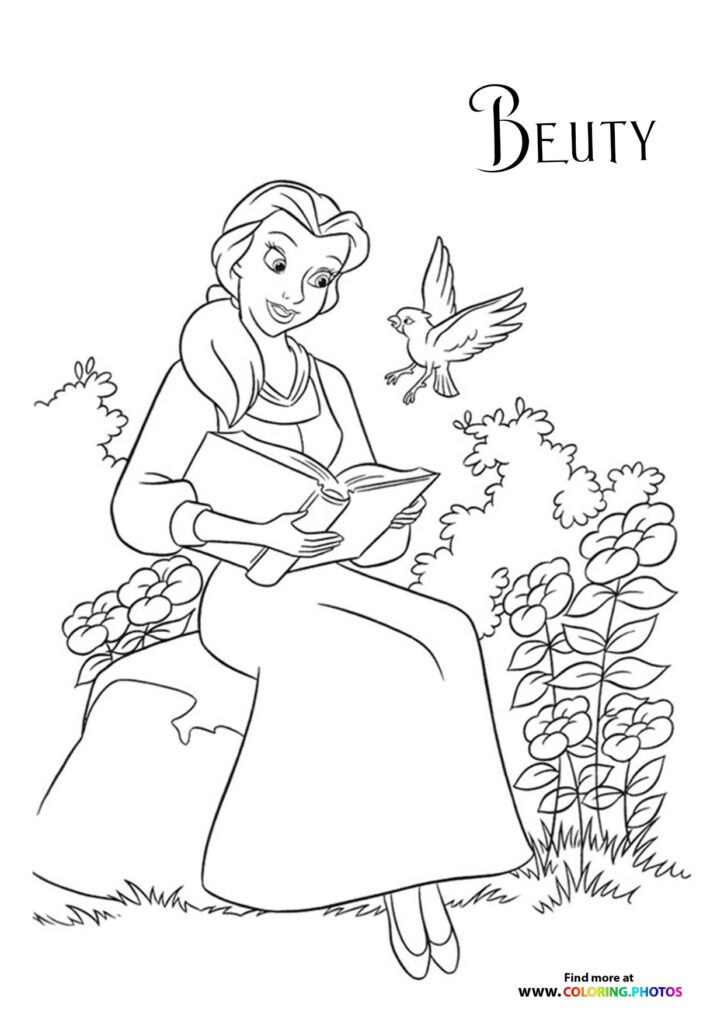 Belle reading a book in a flower garden with a bird flying above coloring page from Beauty and the Beast