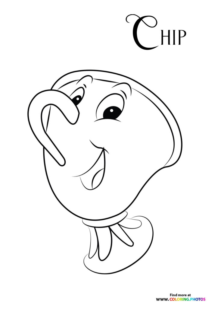 Chip the teacup with a smiling face and small handles, coloring page from Beauty and the Beast