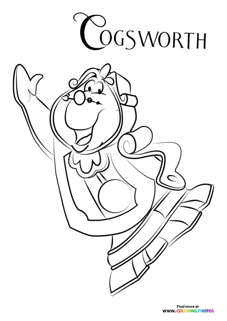 Cogsworth the clock character dancing with arm raised coloring page from Beauty and the Beast