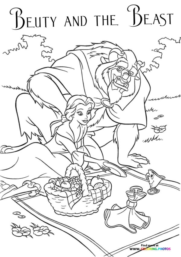 Beauty and the Beast on a picnic coloring page