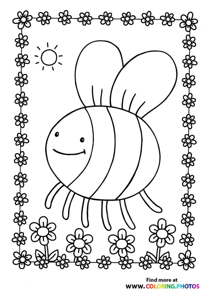 Happy smiling bee with striped body surrounded by flowers and sun coloring page