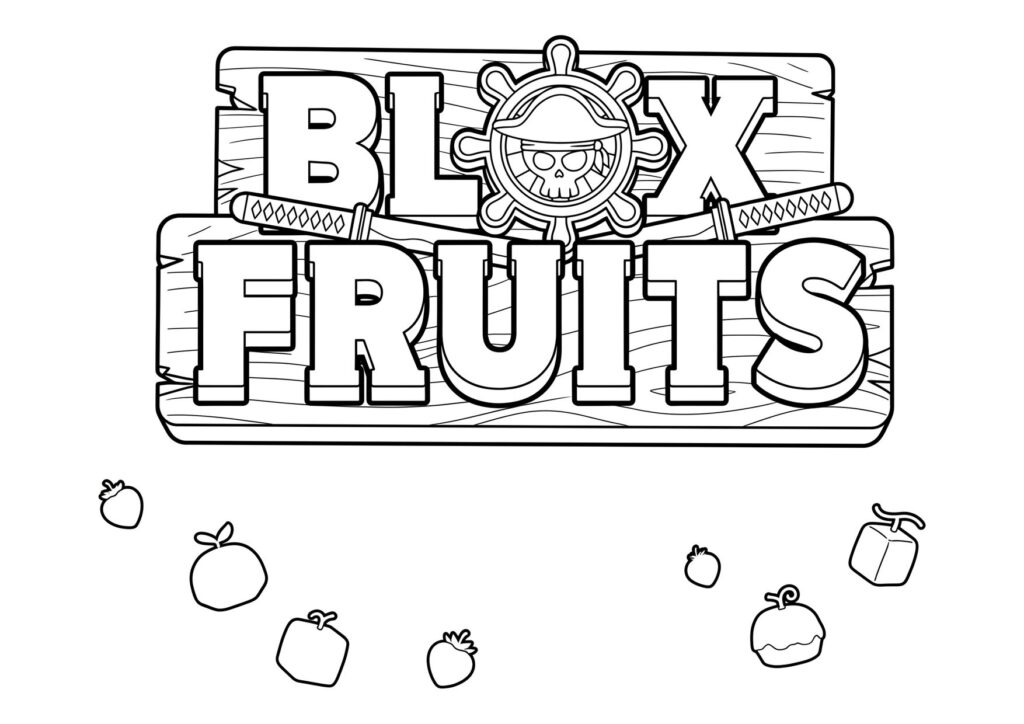 Blox Fruits logo coloring page on a wooden sign with a pirate wheel crossed swords and scattered fruits