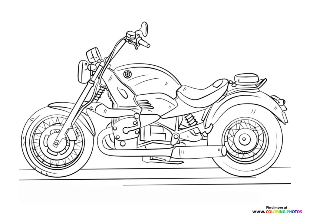 Classic cruiser motorcycle with wide handlebars and detailed wheels coloring page