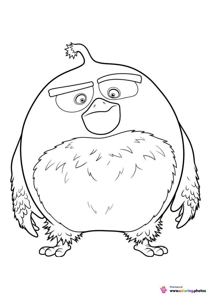 Bomb coloring page from Angry Birds with a round black body and a fuse on his head