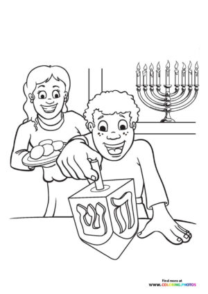 Kid with Dreidel on Hanukkah coloring page