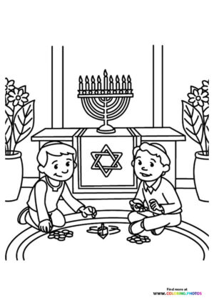 Boys on Hanukkah with Dreidels coloring page
