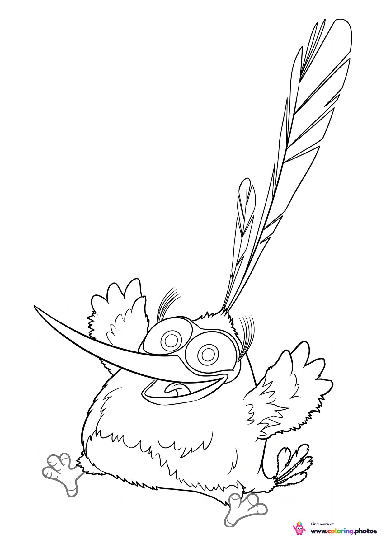 Bubbles coloring page from Angry Birds running with a tall tail feather and a black mask around his eyes