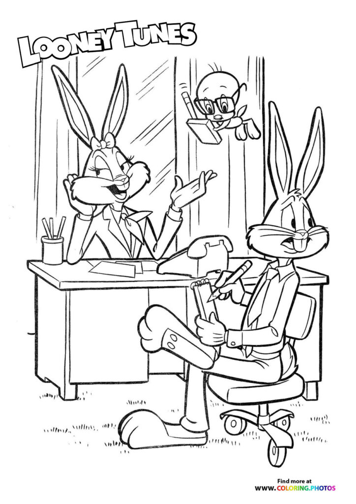 Bugs Bunny sitting at a director's desk in an animation studio with other Looney Tunes characters in the background coloring page