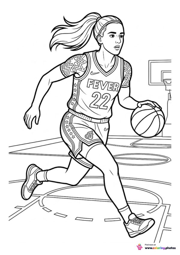Coloring page of a basketball player in a Fever number 22 jersey dribbling down the court