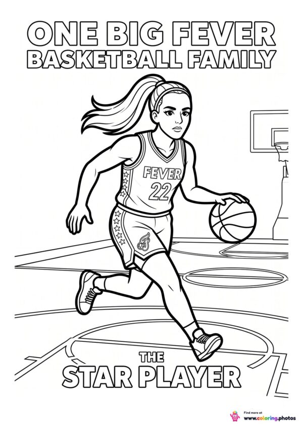 Coloring page of a basketball player in a Fever number 22 jersey running a fast break