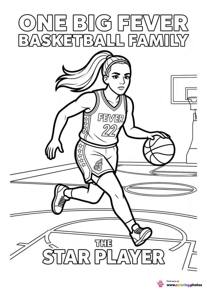 Coloring page of a basketball player in a Fever number 22 jersey running a fast break