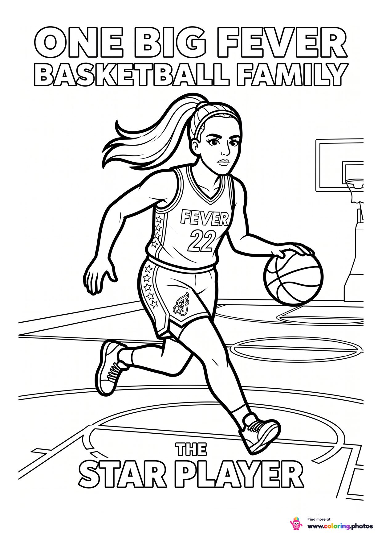 Coloring page of a basketball player in a Fever number 22 jersey running a fast break