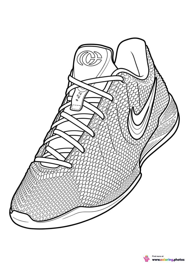 Coloring page of a basketball sneaker with a CC logo on the tongue and mesh upper