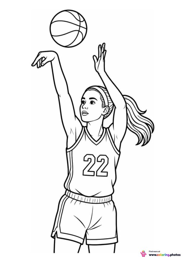 Coloring page of a basketball player in a number 22 jersey shooting with arms extended