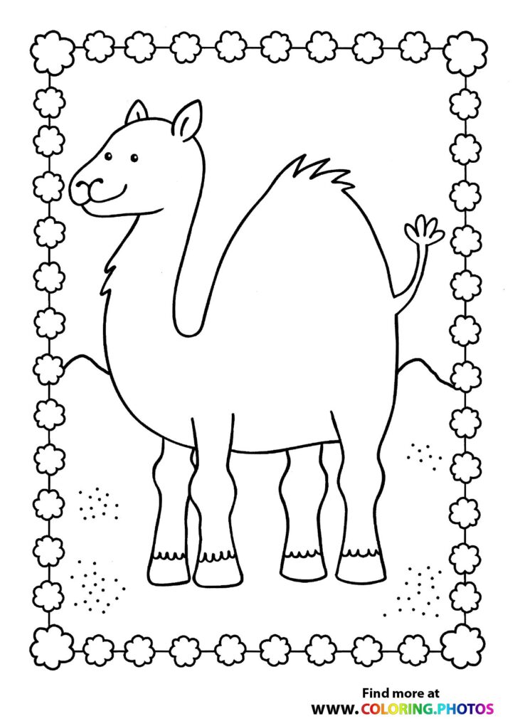 A friendly camel with a smiling face surrounded by clouds and sand particles coloring page