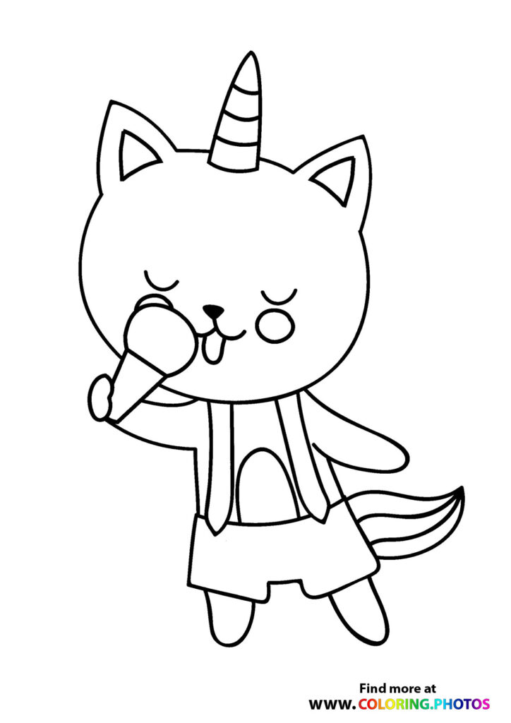 Unicorn cat holding an ice cream cone with a striped horn and tail coloring page