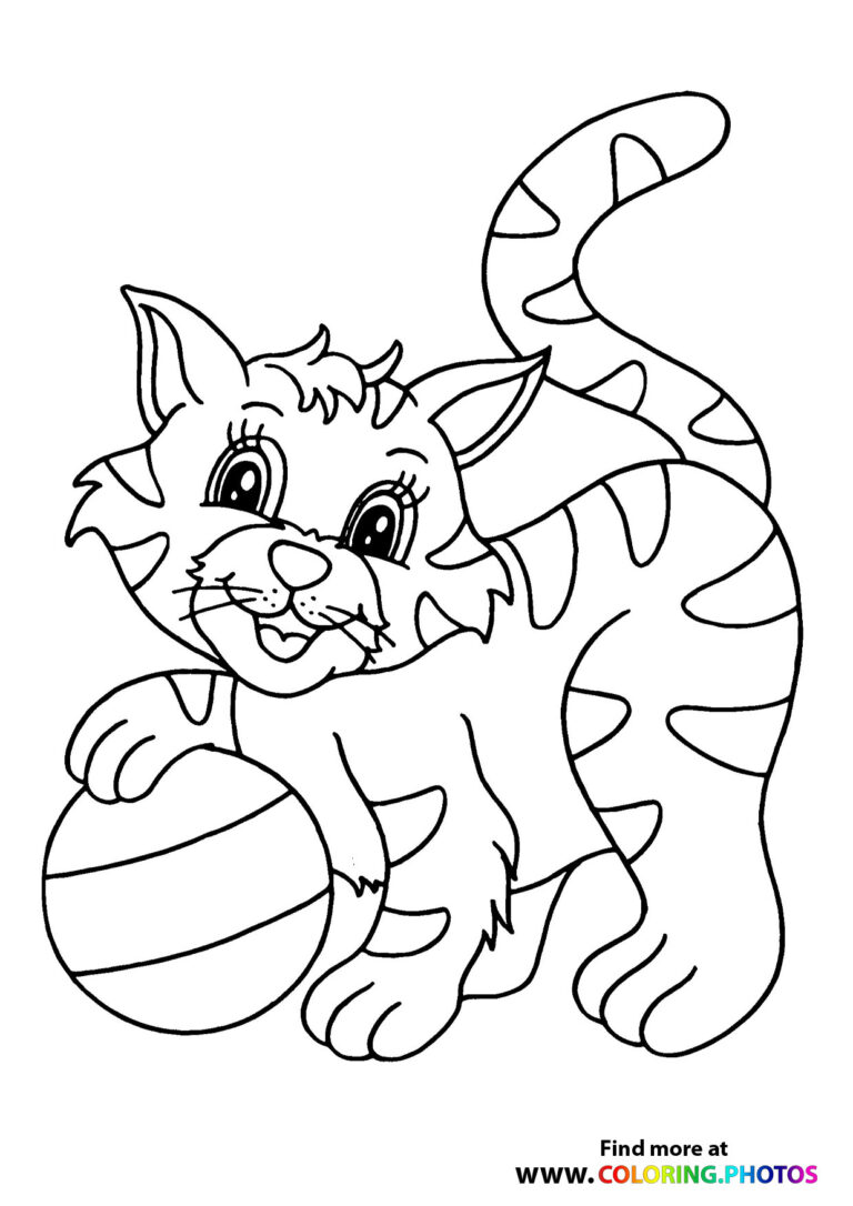 Cat playing with a ball - Coloring Pages for kids