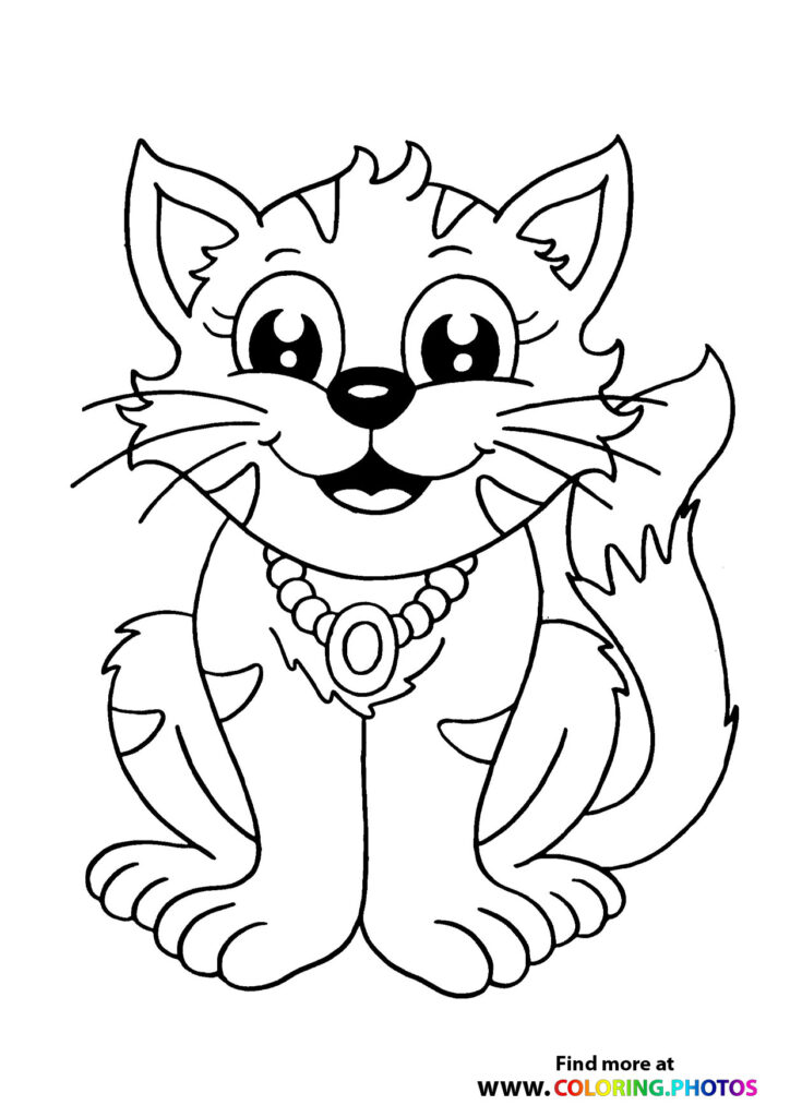 Happy lucky cat wearing beaded necklace with pendant, sitting pose coloring page
