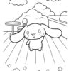 Cinnamoroll coloring page waving with one paw raised on a cafe terrace
