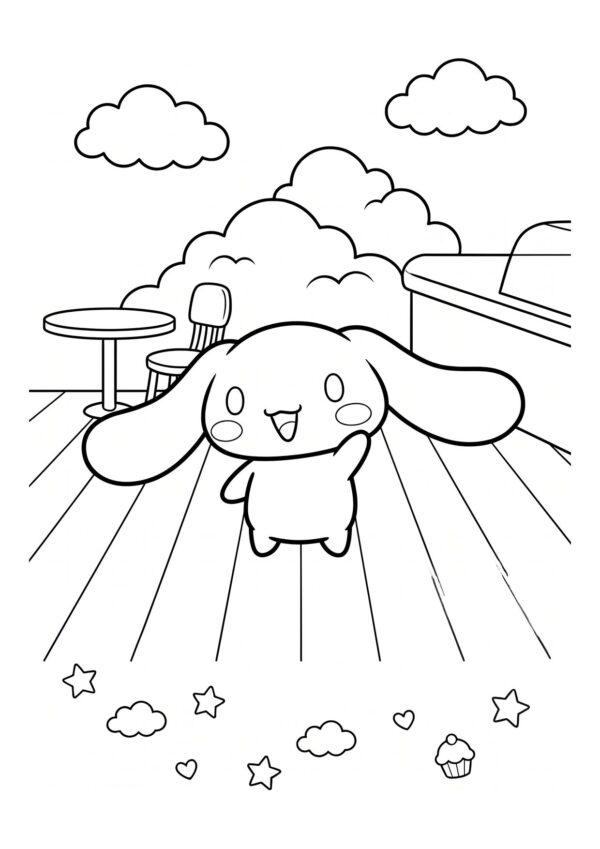 Cinnamoroll coloring page waving with one paw raised on a cafe terrace