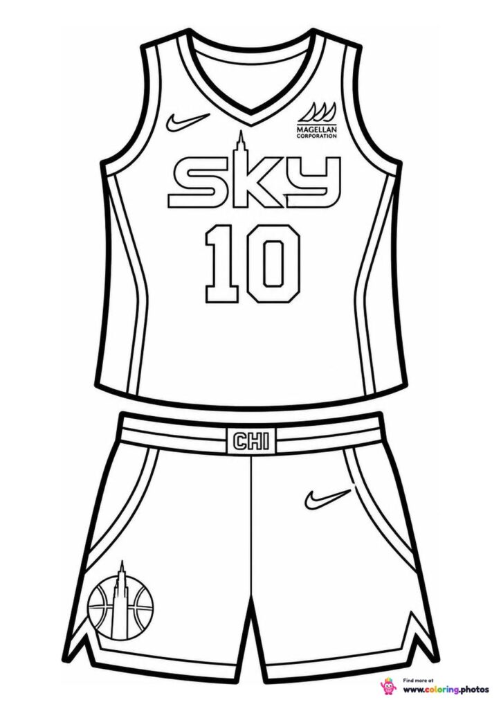 Chicago Sky basketball jersey coloring page showing the top and shorts with number 10