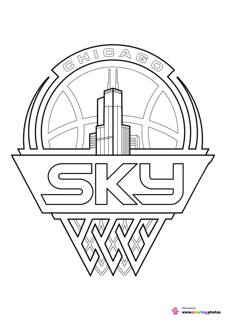 Chicago Sky logo coloring page with the team crest in black and white outline
