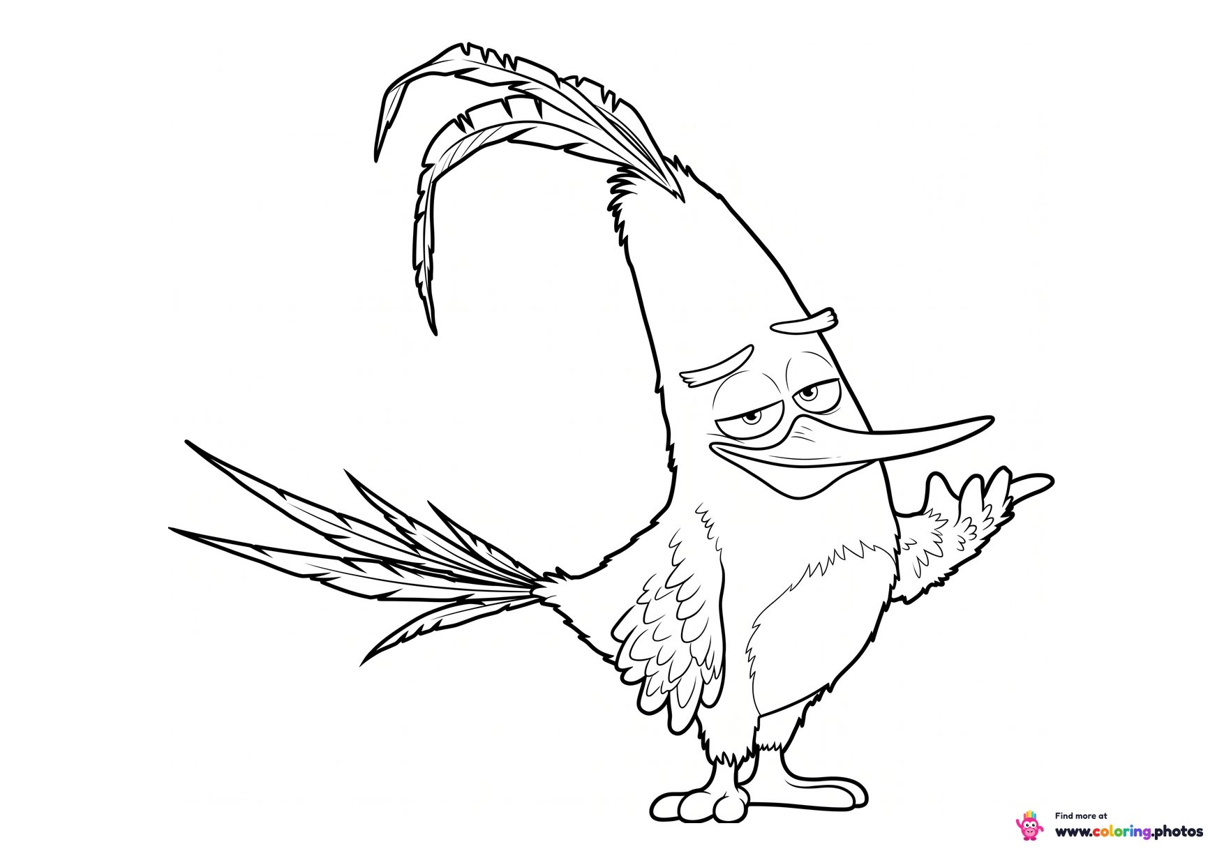 Chuck coloring page from Angry Birds posing with one wing out and long tail feathers