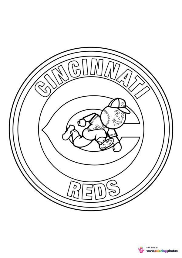 Cincinnati Reds logo coloring page with the team crest in black and white outline