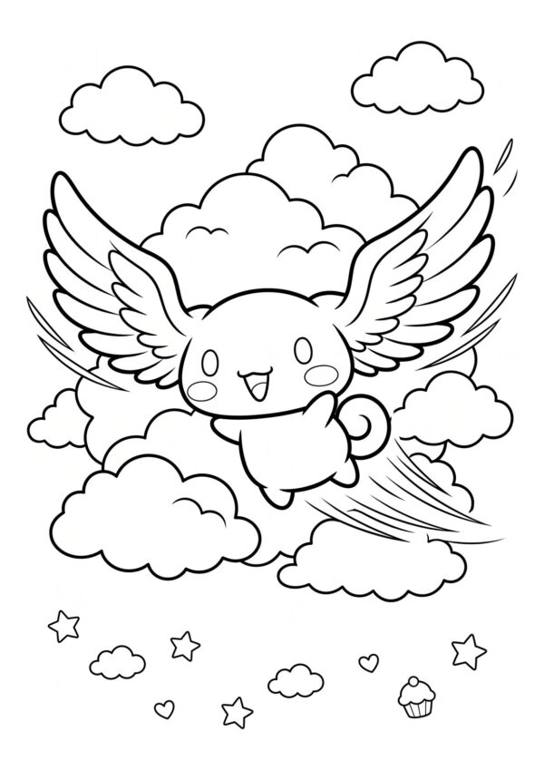 Cinnamoroll coloring page flying with feathered wings through fluffy clouds