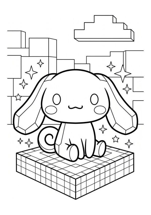 Cinnamoroll coloring page sitting on a tiled block platform with sparkles and stacked cubes behind