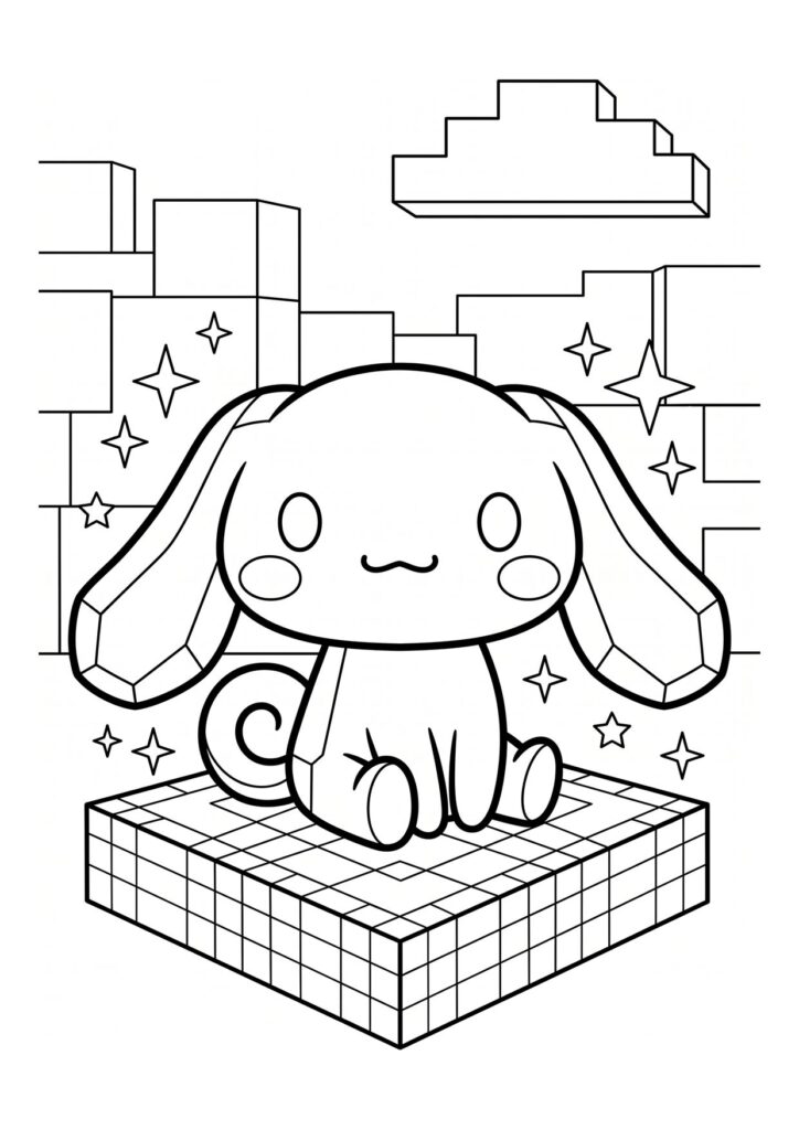 Cinnamoroll coloring page sitting on a tiled block platform with sparkles and stacked cubes behind