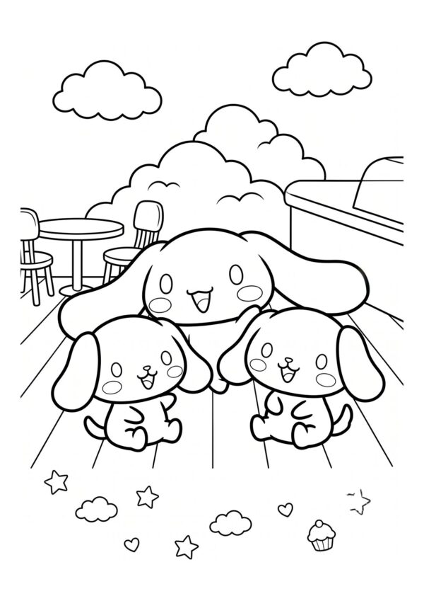 Cinnamoroll coloring page with two smaller puppy friends on a cafe terrace under fluffy clouds