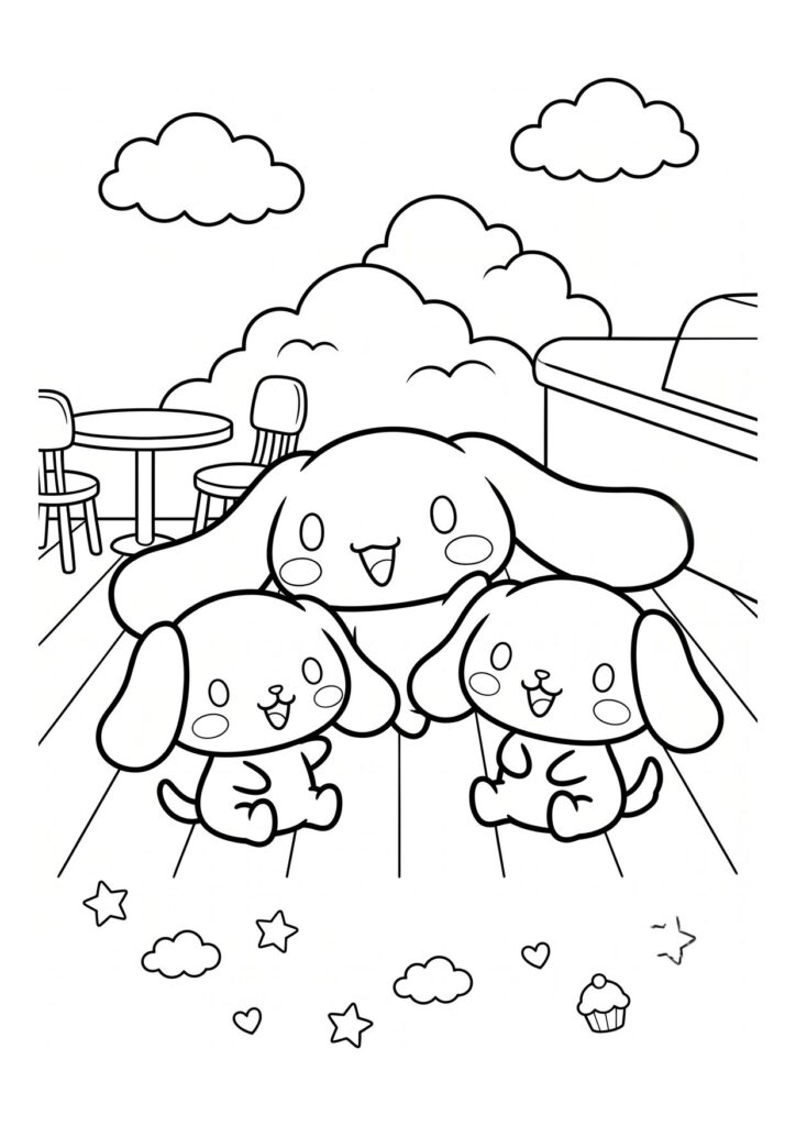Cinnamoroll coloring page with two smaller puppy friends on a cafe terrace under fluffy clouds