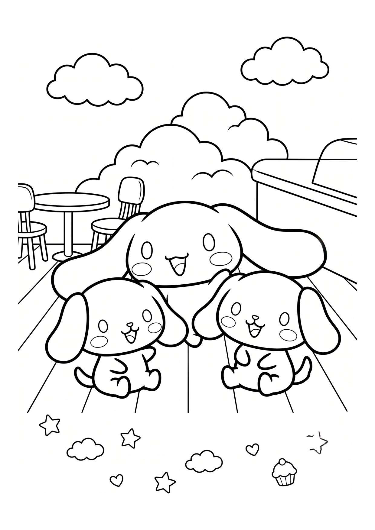 Cinnamoroll coloring page with two smaller puppy friends on a cafe terrace under fluffy clouds
