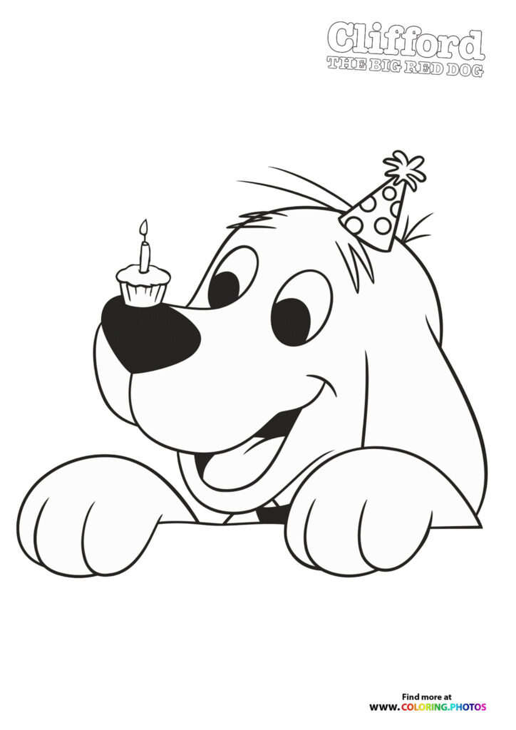 Clifford the Big Red Dog holding a cupcake with a birthday hat on his head coloring page