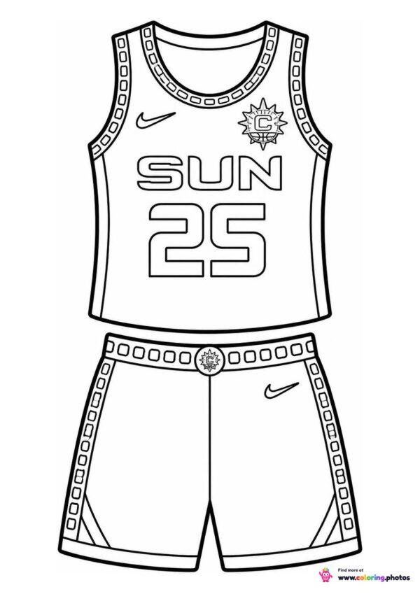 Connecticut Sun basketball jersey coloring page showing the top and shorts with number 25
