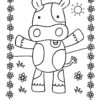 Happy smiling cow with raised arms and flower border coloring page