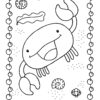 Happy cartoon crab with raised claws and smiling face on ocean floor with seashells coloring page