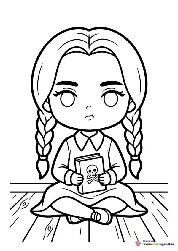 cute chibi Wednesday Addams with a book