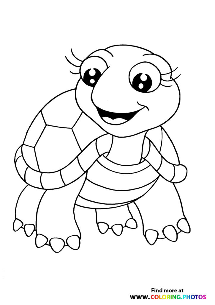 Cute cartoon turtle with big eyes and a smiling expression, showing detailed shell pattern and four feet coloring page