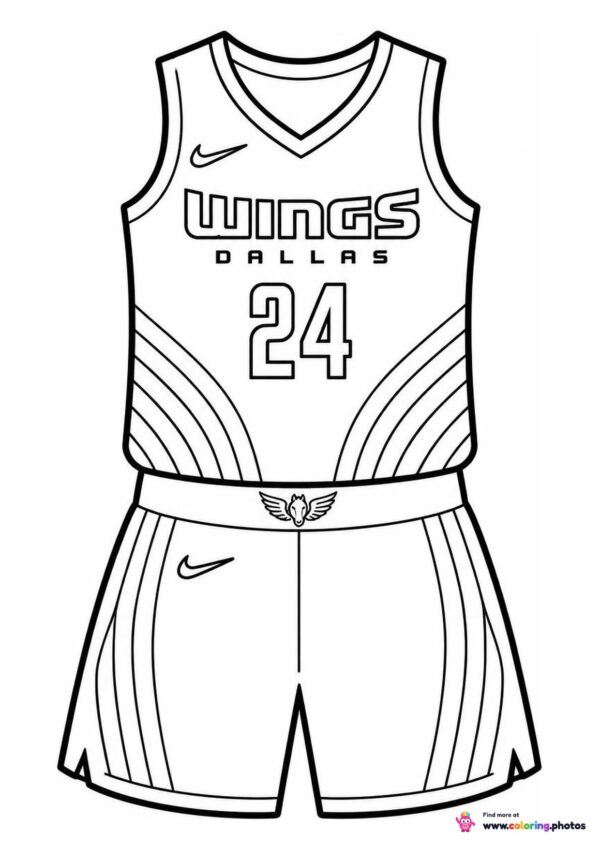 Dallas Wings basketball jersey coloring page showing the top and shorts with number 24