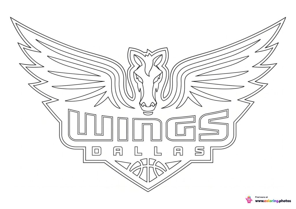 Dallas Wings logo coloring page with the team crest in black and white outline