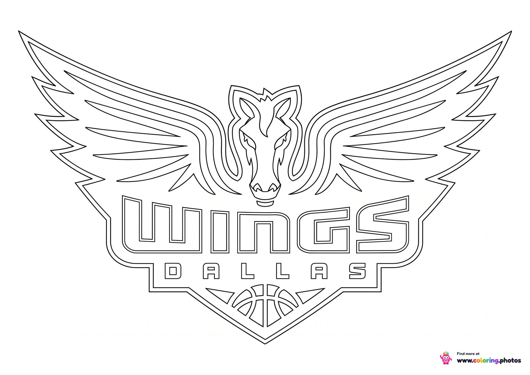 Dallas Wings logo coloring page with the team crest in black and white outline