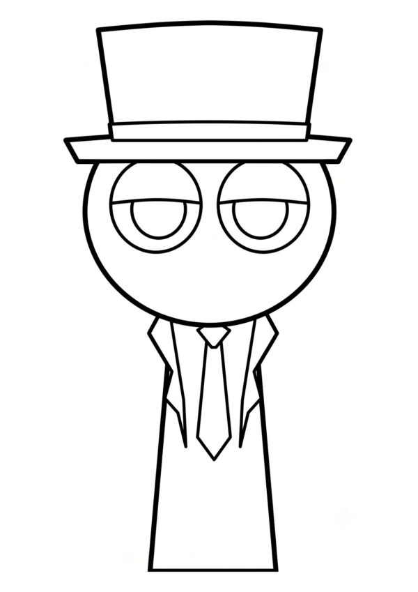 Mr. Black coloring page from Sprunki wearing a top hat with a suit and tie